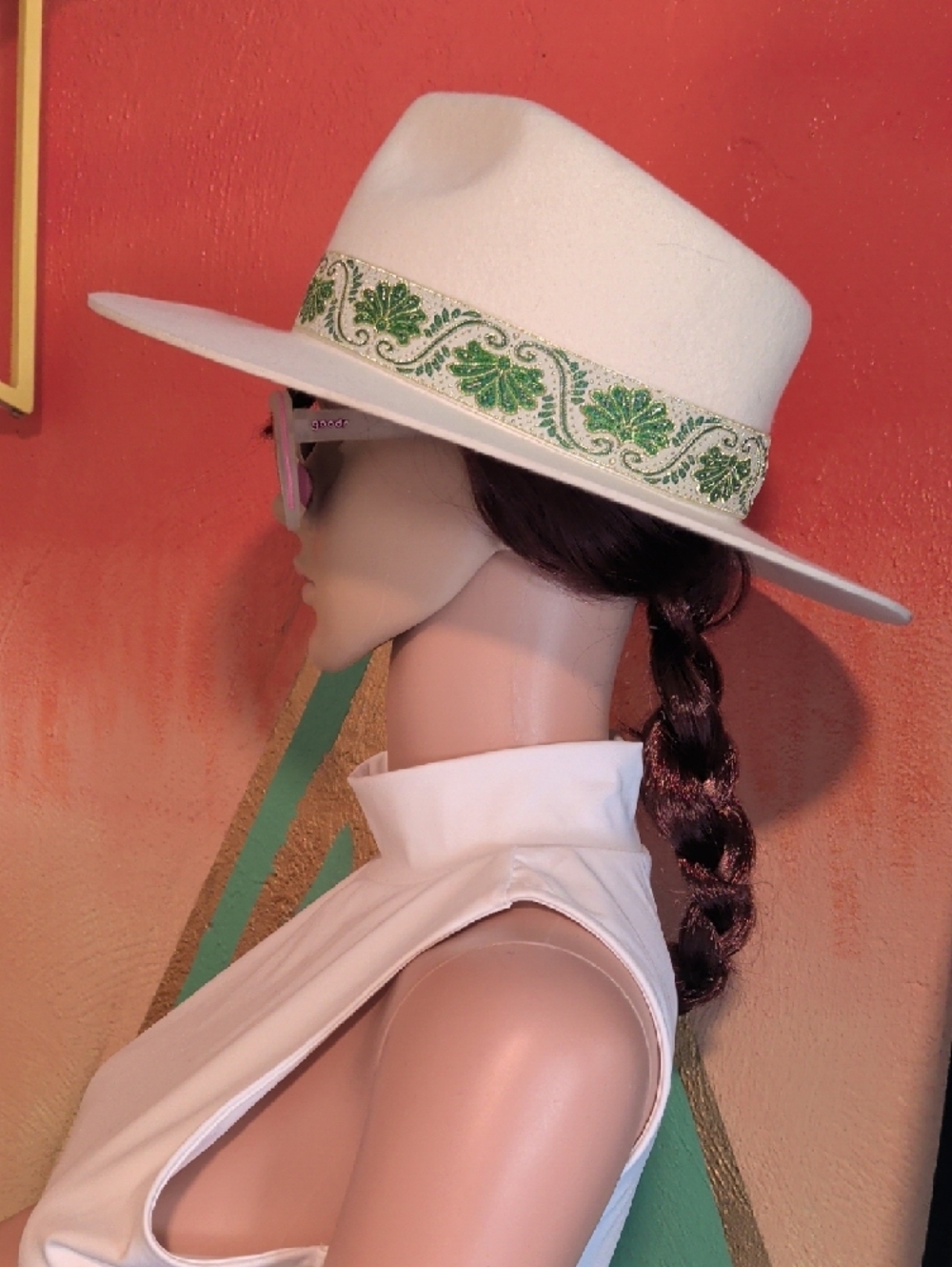 Off White Felt Wide Brim Hat with Green and Gold Embroidered Band - Picture 2 of 6